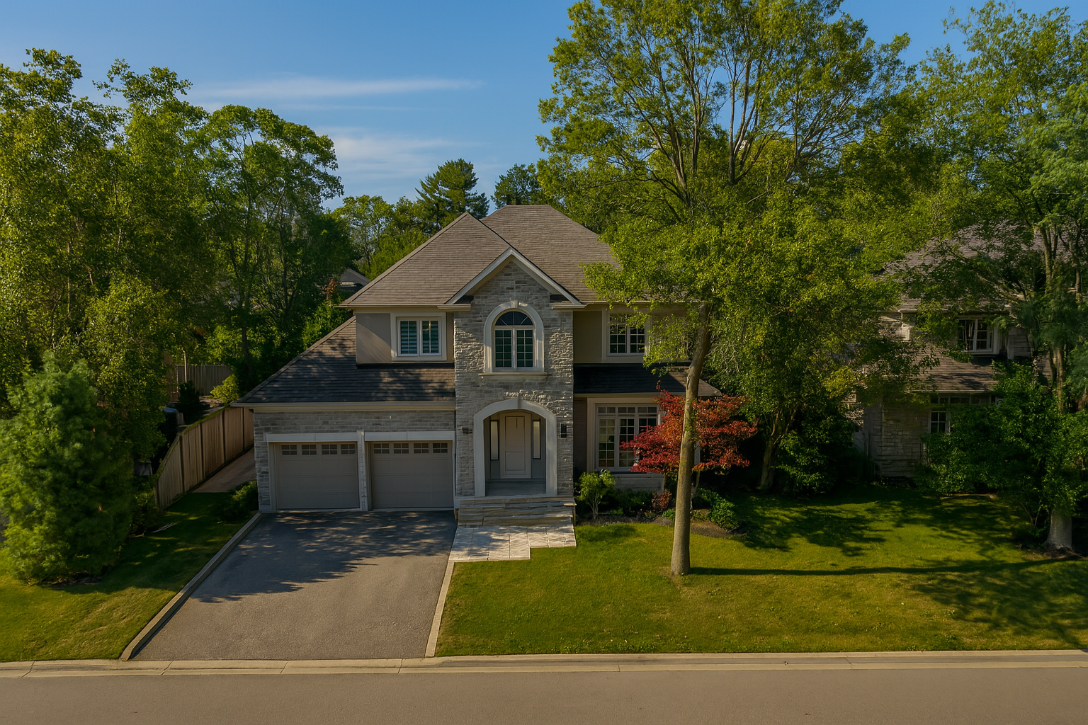 A beautiful suburban house in Oakville, Ontario at sunset, a prime property for sale.